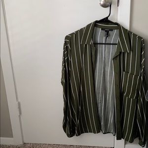 Khaki green/white stripe button up top.